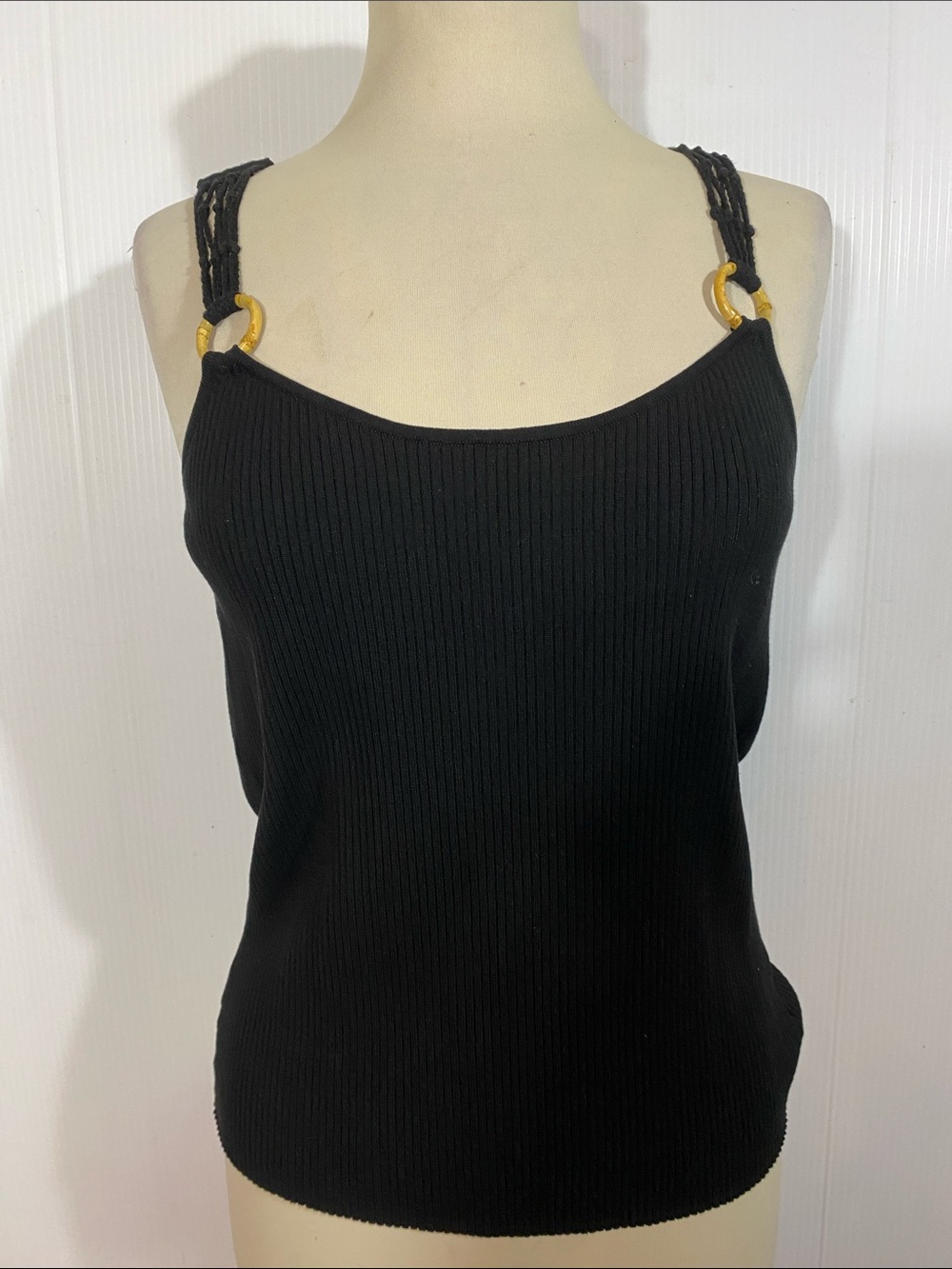 August silk Black Ribbed Camisole with Gold Accent Rings
